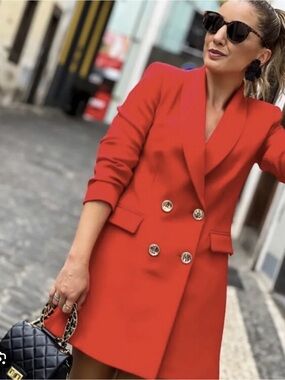 Zara - Double-Breasted Red Women's Blazer Coat